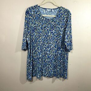 Susan Graver Animal Print Tunic Shirt Womens 2X Blue Liquid Knit Travel Coastal